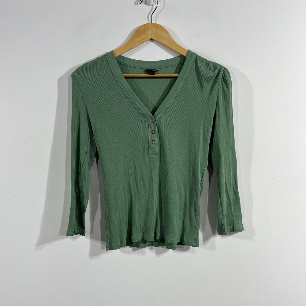 Ann Taylor Y2K 90s Grunge Granola Ribbed Henley Puff Shoulder Top Womens Medium